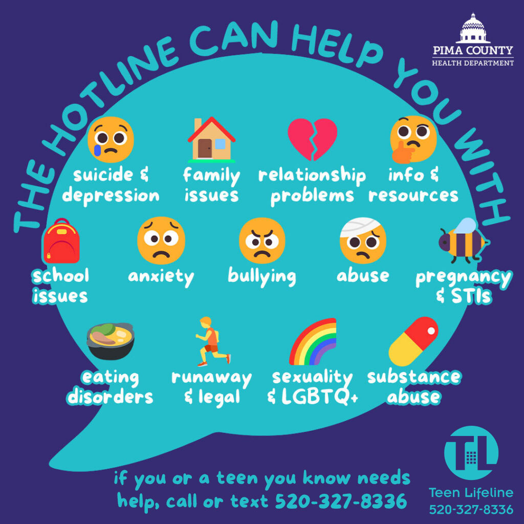 Teen Lifeline graphic showing the different types of problems a teen may face and where to call for help 520-327-8336 in Tucson Arizona